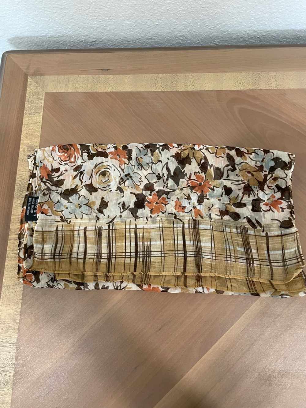 Cejon Floral & Plaid Lightweight Sheer Scarf in Cream, Rust & Light Orange